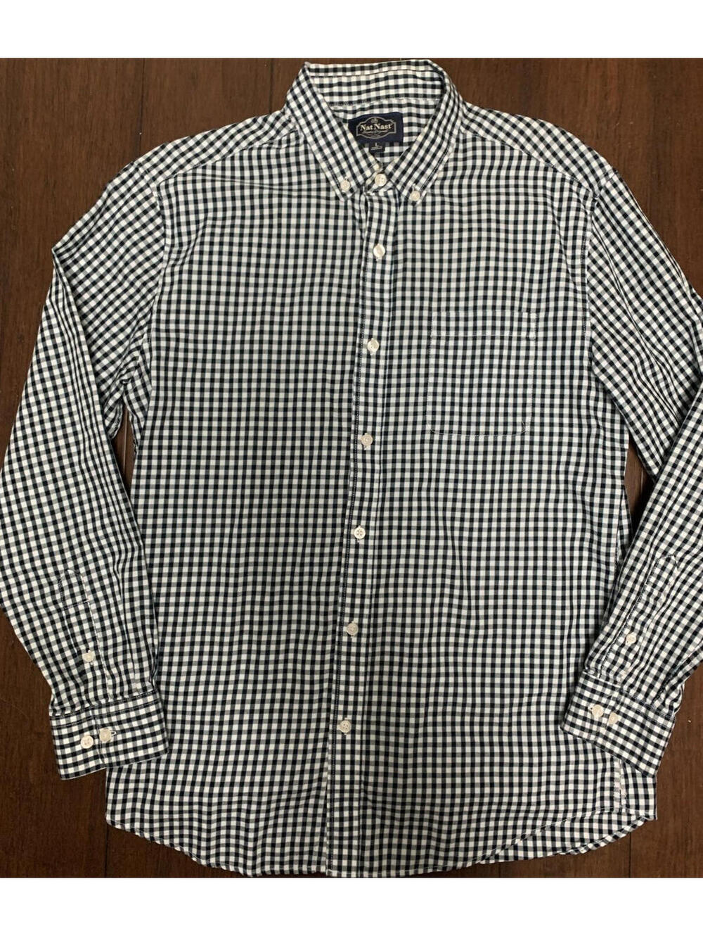 Nat Nast Mens Large Shirt Long Sleeve Button-Down Cotton Black Plaid Check